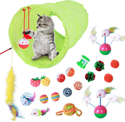 Interactive Cat Toys 20PCS Kitten Tunnel Toy Assortments, 2 Way Collapsible Tunnel Feather Teaser Wand Fluffy Mouse Colorful Bells Crinkle Scratch Ball Toys for Indoor Kitty Cat Entertained